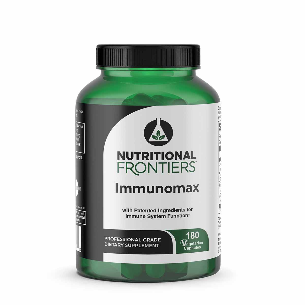 Green bottle of Immunomax dietary supplement by Nutritional Frontiers containing 180 vegetarian capsules.