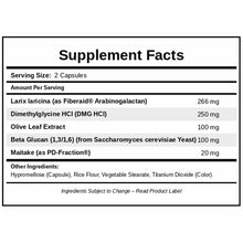 Supplement Facts label for Immunomax showing serving size of 2 capsules with ingredients including Larix laricina, DMG HCI, O