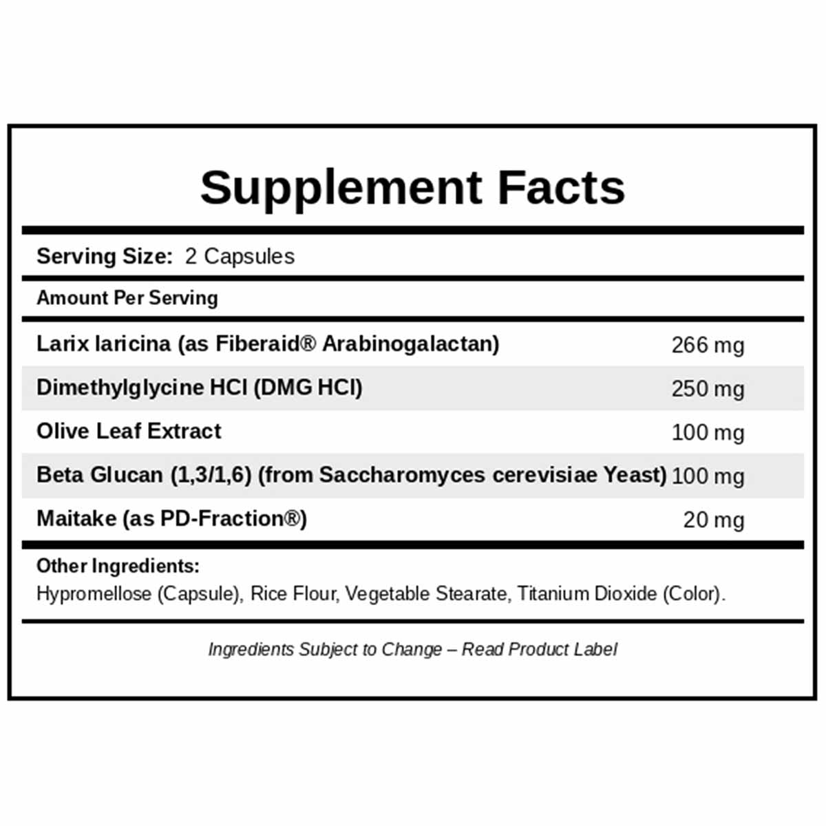 Supplement Facts label for Immunomax showing serving size of 2 capsules with ingredients including Larix laricina, DMG HCI, O