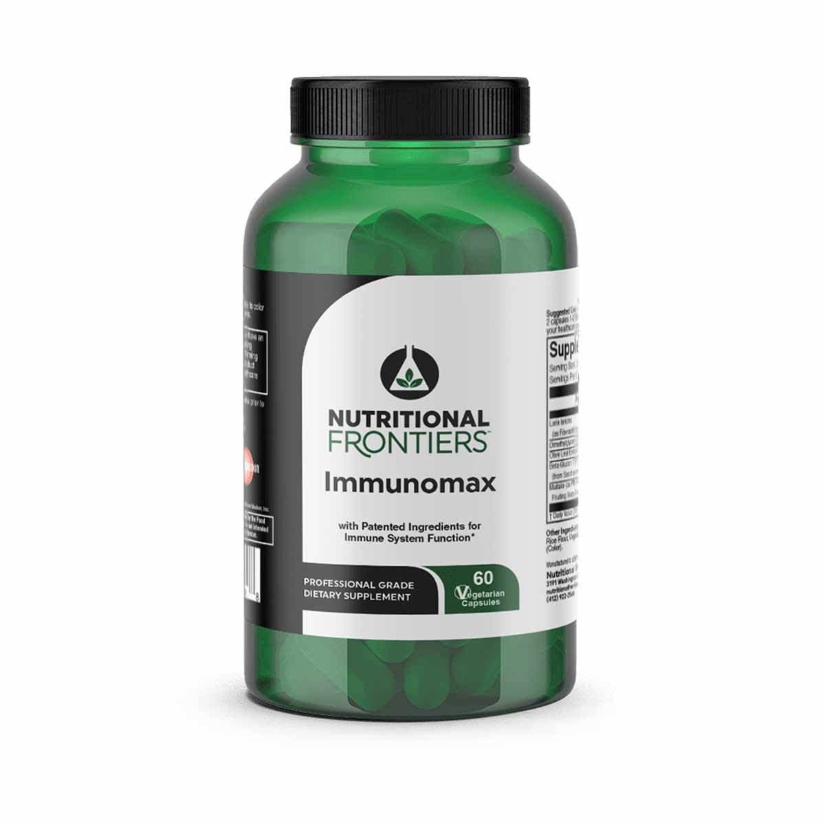 Green bottle of Immunomax dietary supplement by Nutritional Frontiers containing 60 vegetarian capsules.