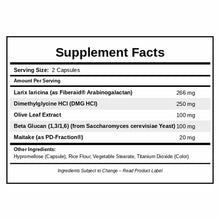 Supplement Facts label for Immunomax listing ingredients including Larix laricina, Dimethylglycine HCl, Olive Leaf Extract, B