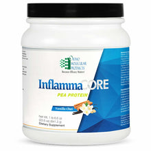 White container of InflammaCORE Pea Protein Vanilla Chai powder by Ortho Molecular Products with black lid.