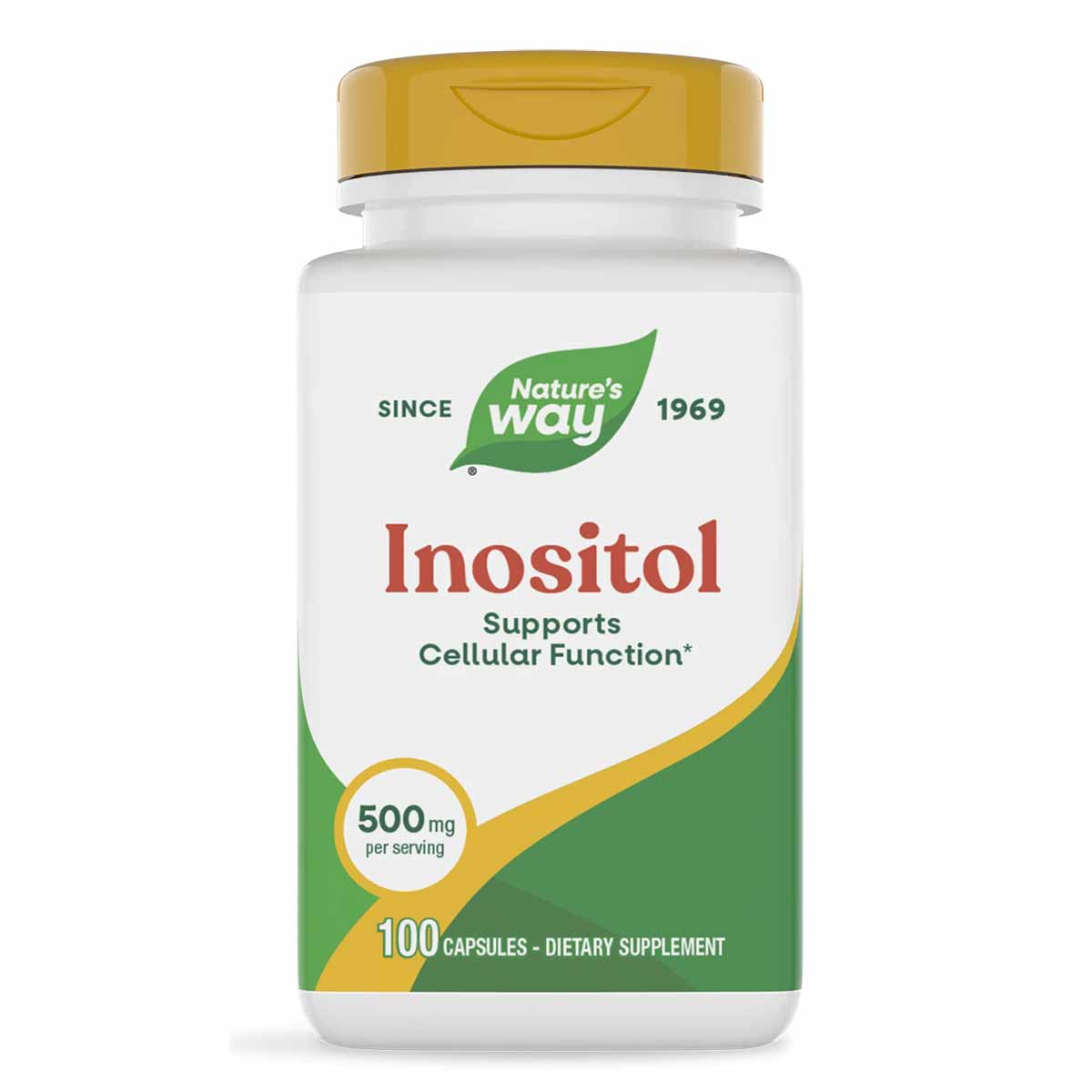 White bottle with gold cap labeled Nature's Way Inositol 500 mg dietary supplement containing 100 capsules.