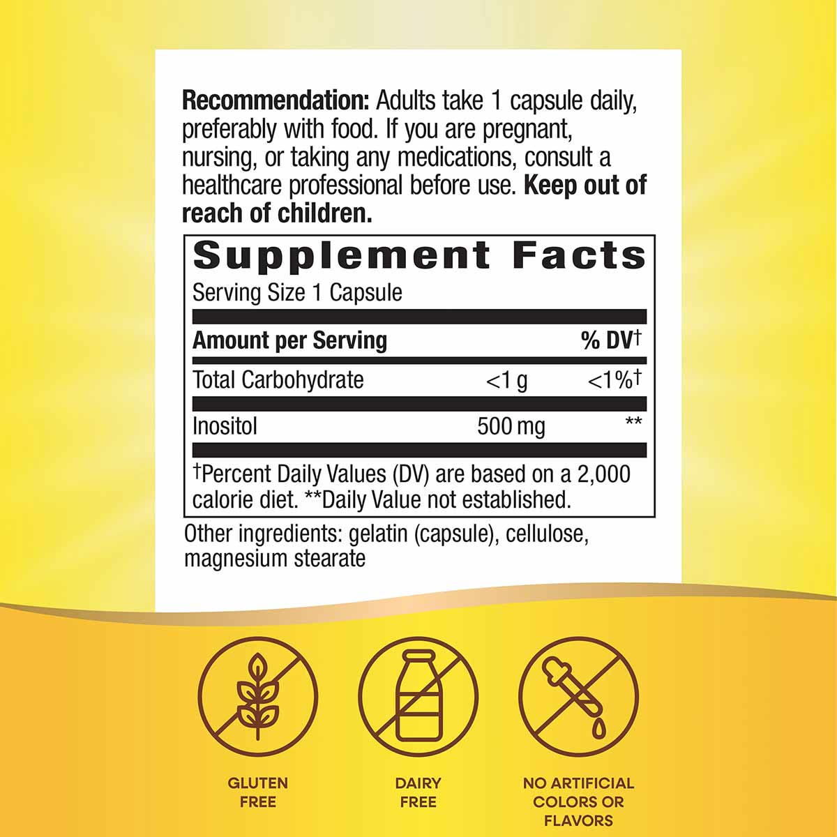 Bottle label for Inositol 500 mg supplement showing usage recommendations, supplement facts table, and icons indicating glute
