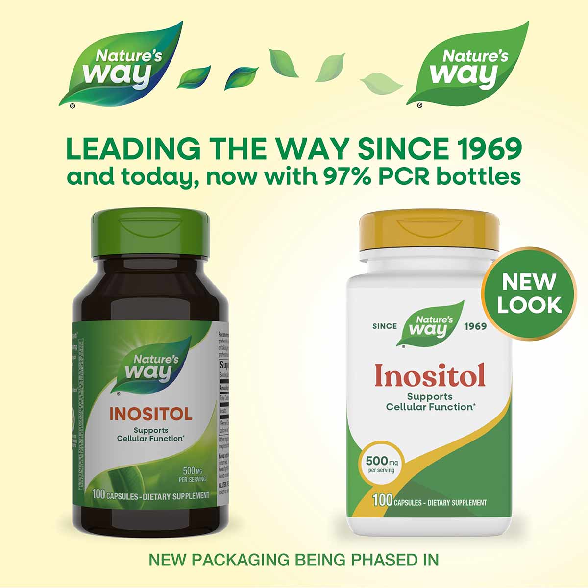 Nature's Way Inositol 500 mg supplement bottles showing old green packaging and new white packaging with 100 capsules each.