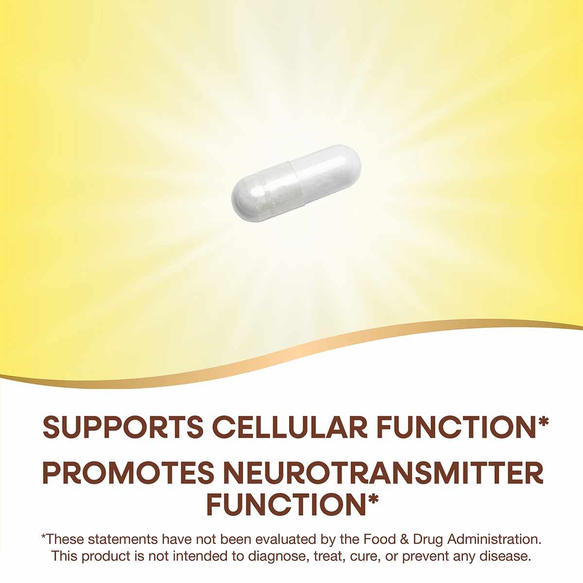 White capsule pill against yellow background with brown text below.