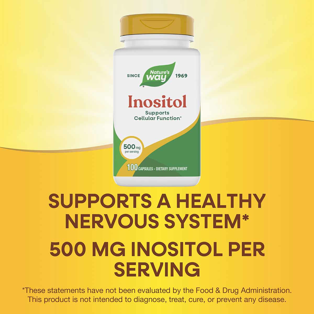 Nature's Way Inositol 500mg bottle with golden cap and white label on yellow background.