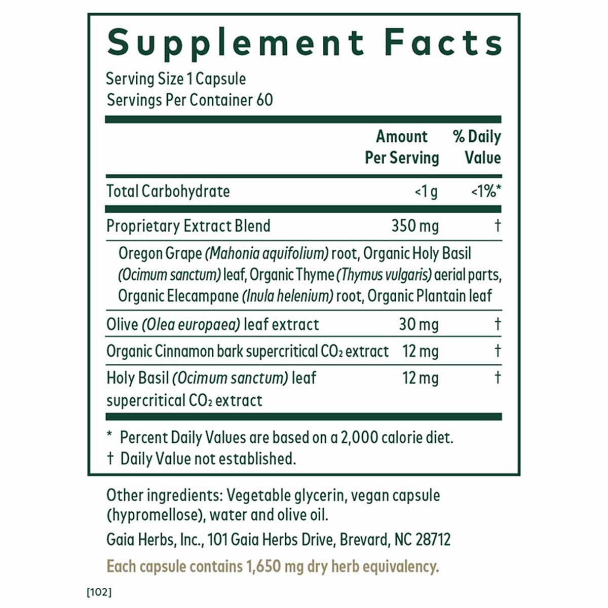 Supplement Facts label for Gaia Herbs Intestinal Fungal Balance showing serving size, ingredients, and nutritional informatio