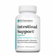 White bottle of Nutra Biogenesis Intestinal Support Capsules with teal accents and white cap containing 120 capsules.