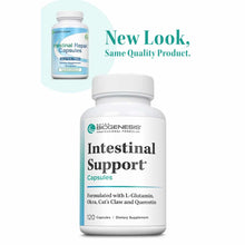 White bottle of Nutra Biogenesis Intestinal Support Capsules containing 120 capsules with teal accents and label text.