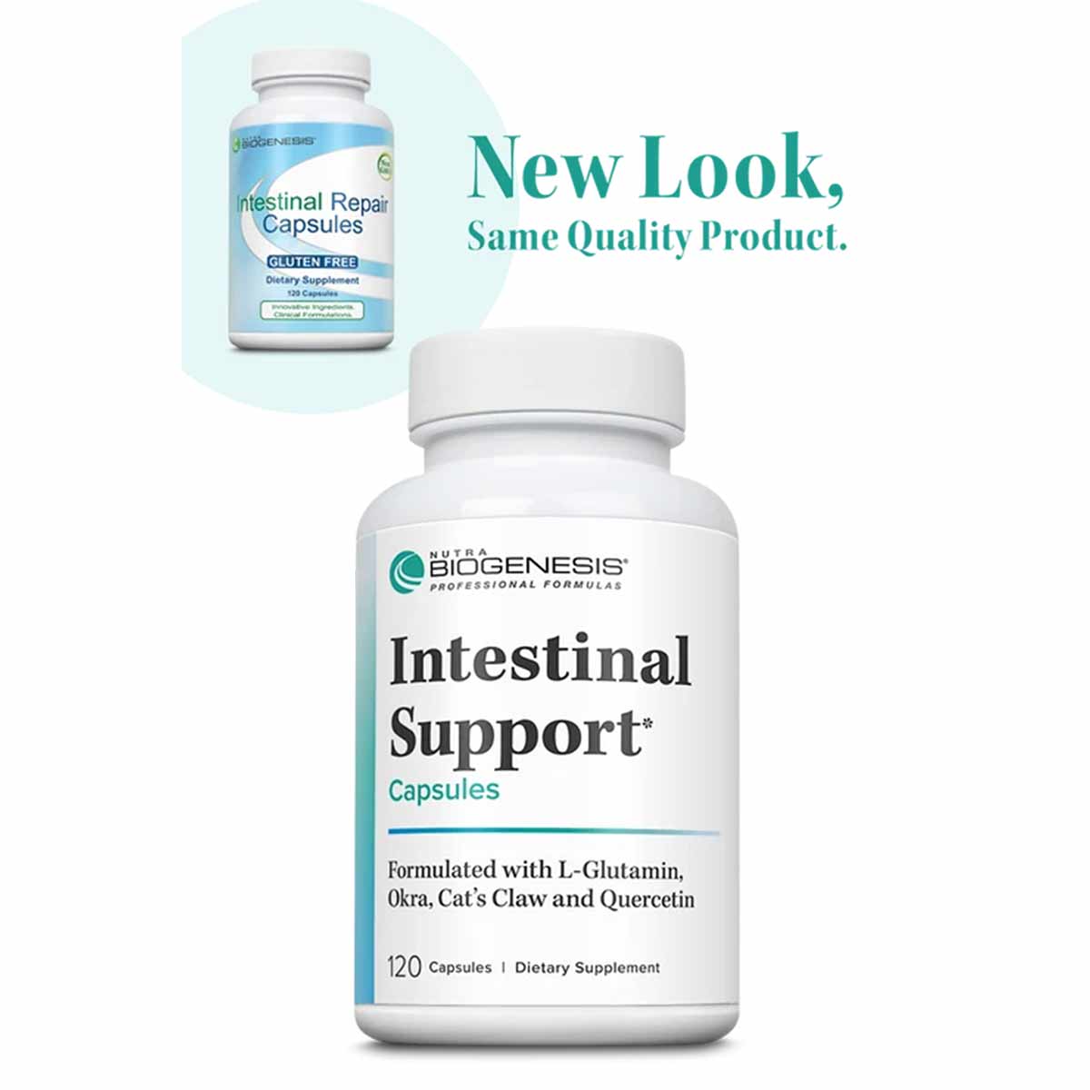 White bottle of Nutra Biogenesis Intestinal Support Capsules containing 120 capsules with teal accents and label text.