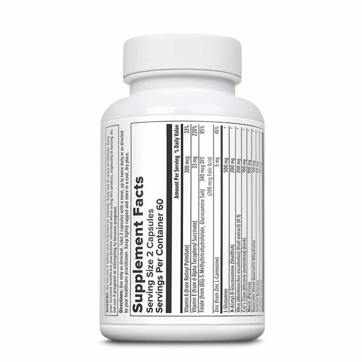 White supplement bottle with white cap displaying "Supplement Facts" label and ingredient information on front.