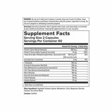 Supplement Facts label for intestinal support capsules showing serving size, ingredients including vitamins, minerals, and bo