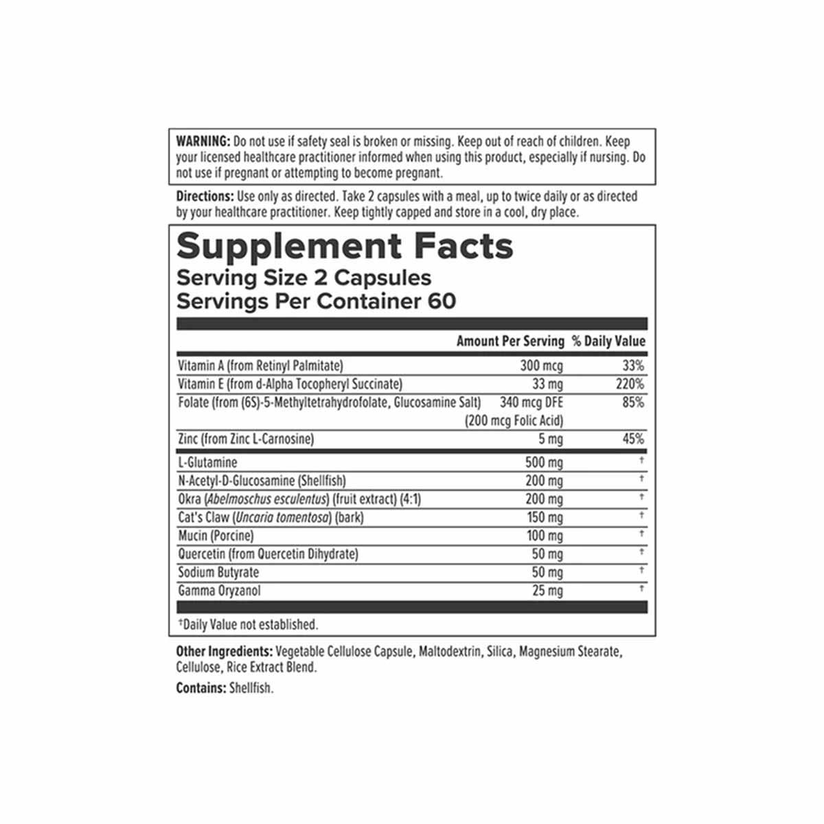 Supplement Facts label for intestinal support capsules showing serving size, ingredients including vitamins, minerals, and bo