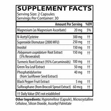 Supplement Facts label showing serving size of 2 capsules, 30 servings per container, with ingredients including N-Acetyl Cys