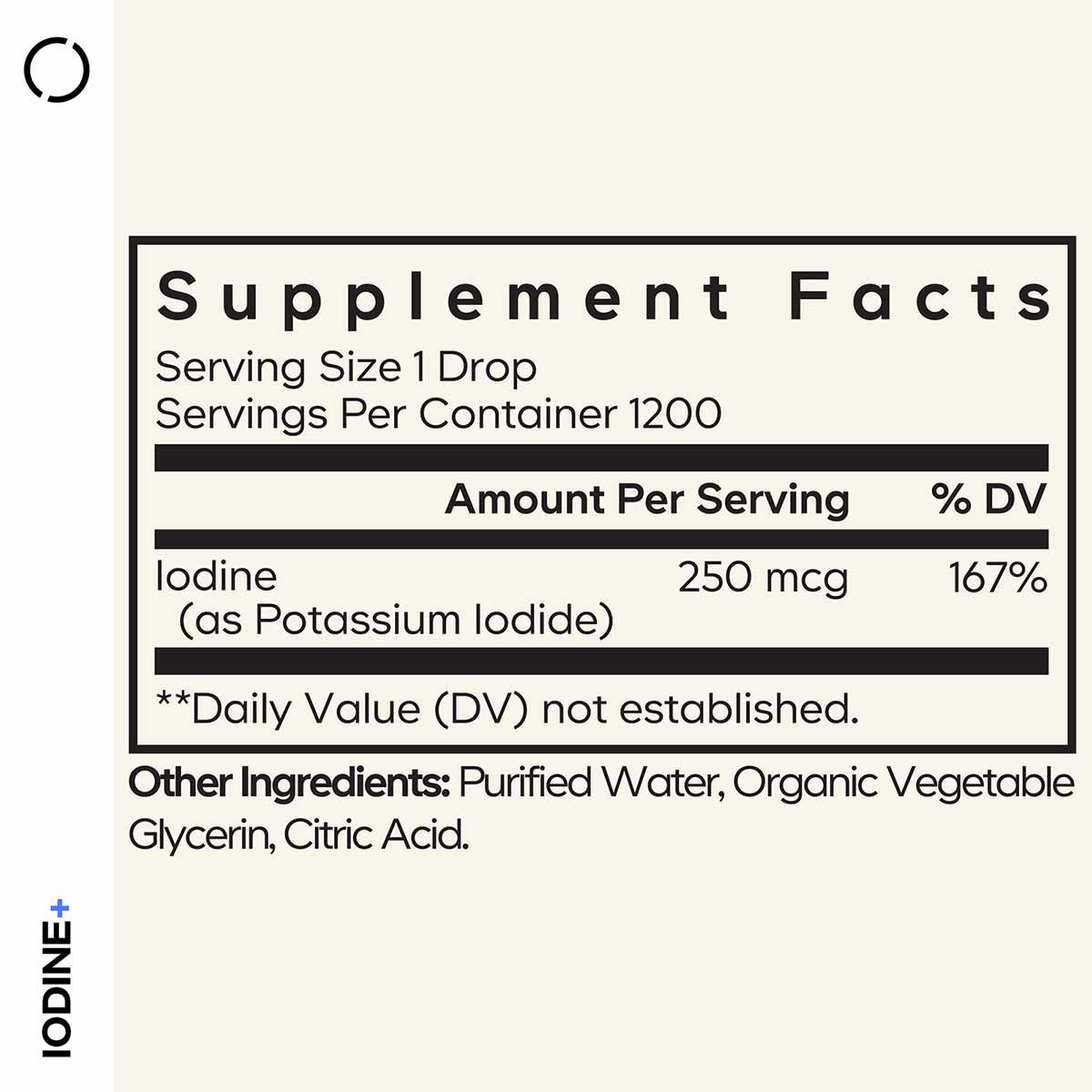 Supplement facts label showing iodine content of 250 mcg per drop serving with ingredients list including purified water, org