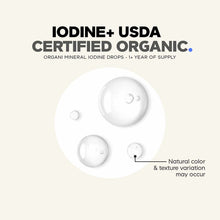 Codeage iodine supplement drops showing liquid droplets of varying sizes on beige background.