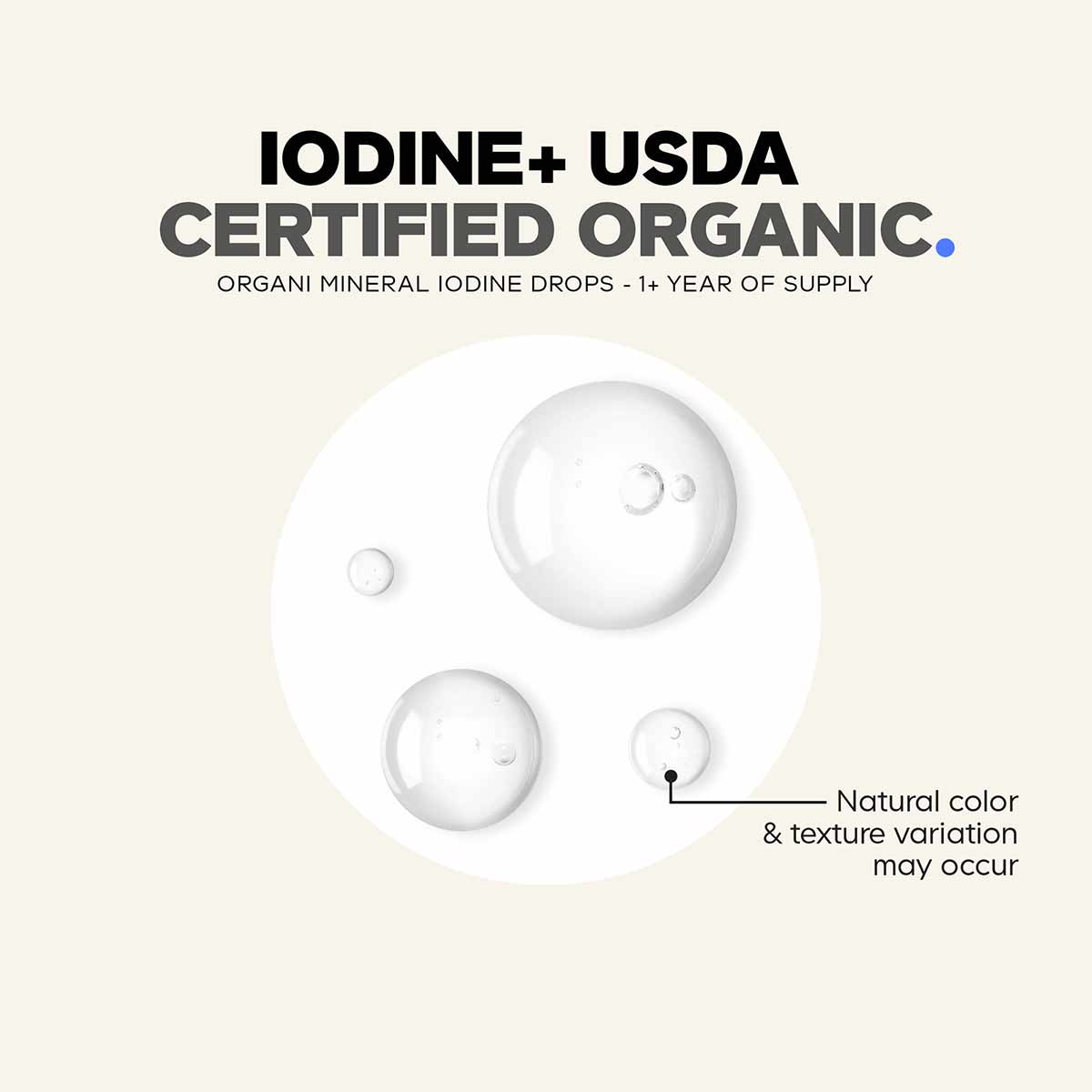 Codeage iodine supplement drops showing liquid droplets of varying sizes on beige background.