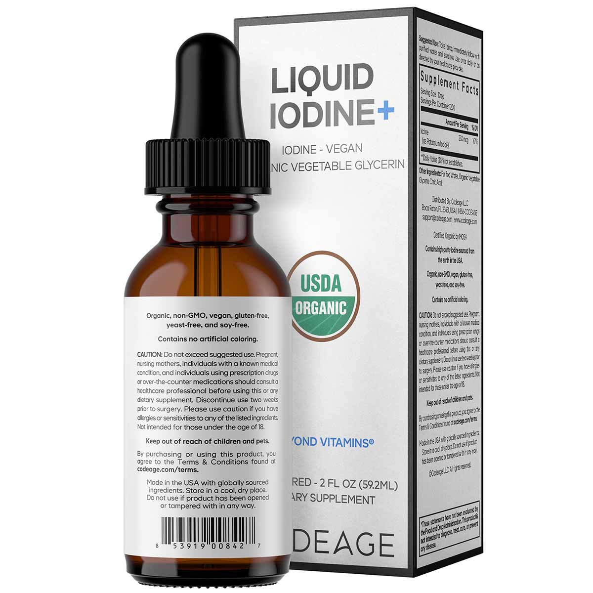 Liquid iodine supplement in amber glass dropper bottle with white and black box packaging displaying USDA Organic certificati