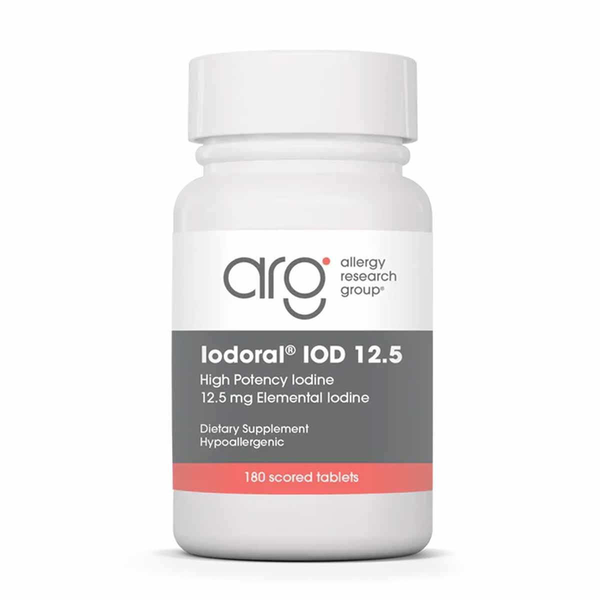 White plastic bottle of Iodoral IOD 12.5 mg iodine dietary supplement by Allergy Research Group containing 180 scored tablets