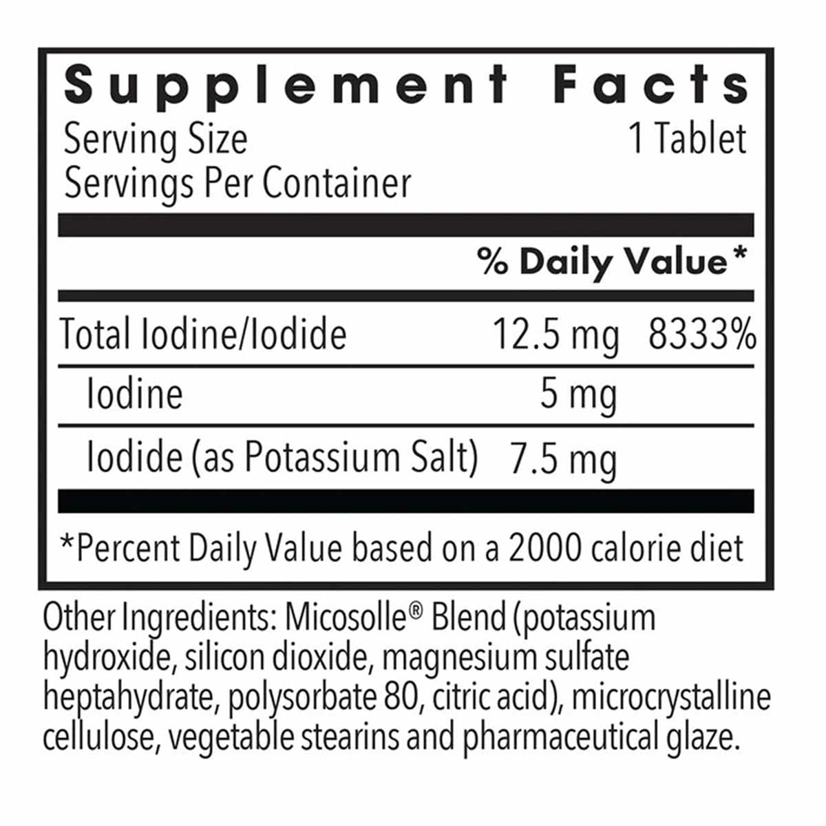 Supplement Facts label showing 12.5 mg iodine/iodide per tablet with 5 mg iodine and 7.5 mg iodide as potassium salt.