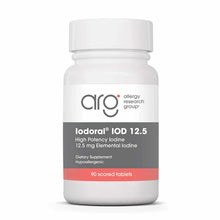 White bottle of Iodoral IOD 12.5 mg iodine supplement by Allergy Research Group containing 90 scored tablets.