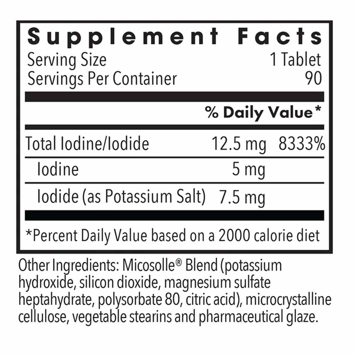 Supplement Facts label for Iodoral tablets listing 12.5 mg total iodine/iodide per serving with 90 servings per container.