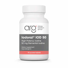 White bottle of Iodoral IOD 50 iodine supplement by Allergy Research Group containing 90 scored tablets.