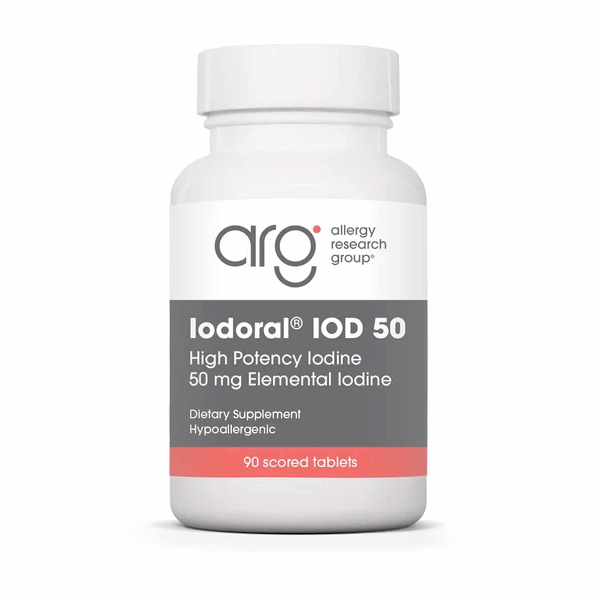 White bottle of Iodoral IOD 50 iodine supplement by Allergy Research Group containing 90 scored tablets.