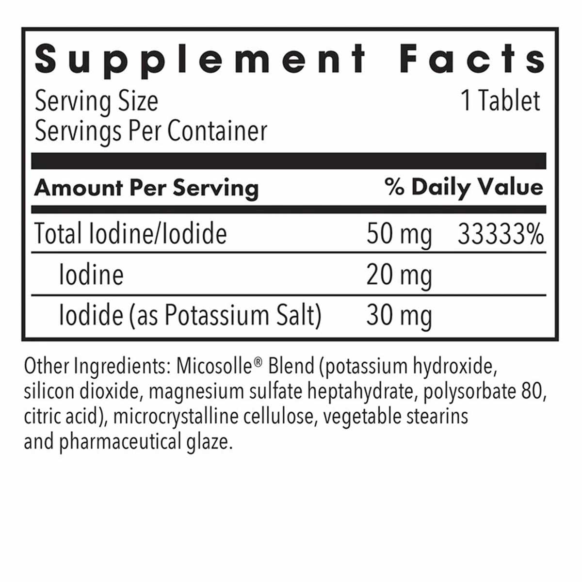 Supplement Facts label for Iodoral IOD 50 containing 50 mg total iodine and iodide per tablet with ingredient list.