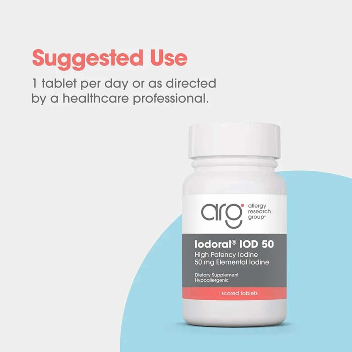White plastic bottle of Iodoral IOD 50 iodine supplement by Allergy Research Group with gray and coral label on blue backgrou