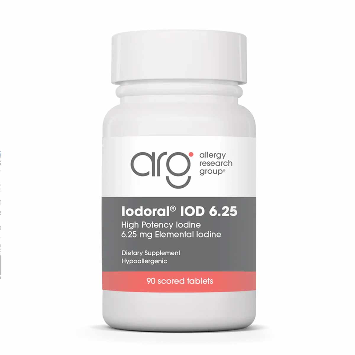 White supplement bottle labeled Iodoral IOD 6.25 by Allergy Research Group containing 90 scored tablets.