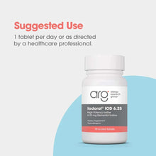 White supplement bottle labeled Iodoral IOD 6.25 by Allergy Research Group containing 90 scored tablets.