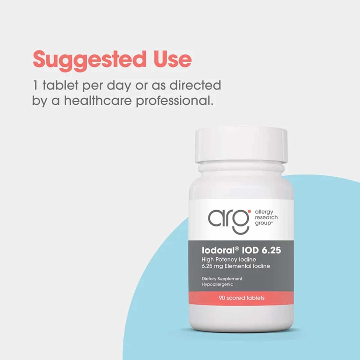 White supplement bottle labeled Iodoral IOD 6.25 by Allergy Research Group containing 90 scored tablets.