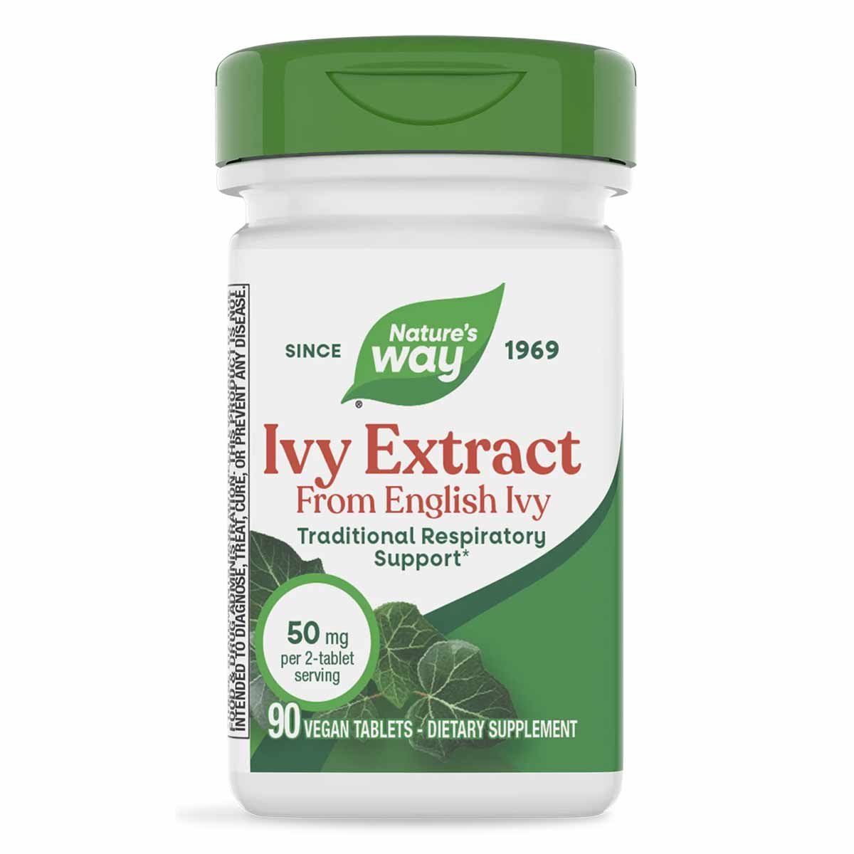 White and green bottle of Nature's Way Ivy Extract dietary supplement with green cap, containing 90 vegan tablets.