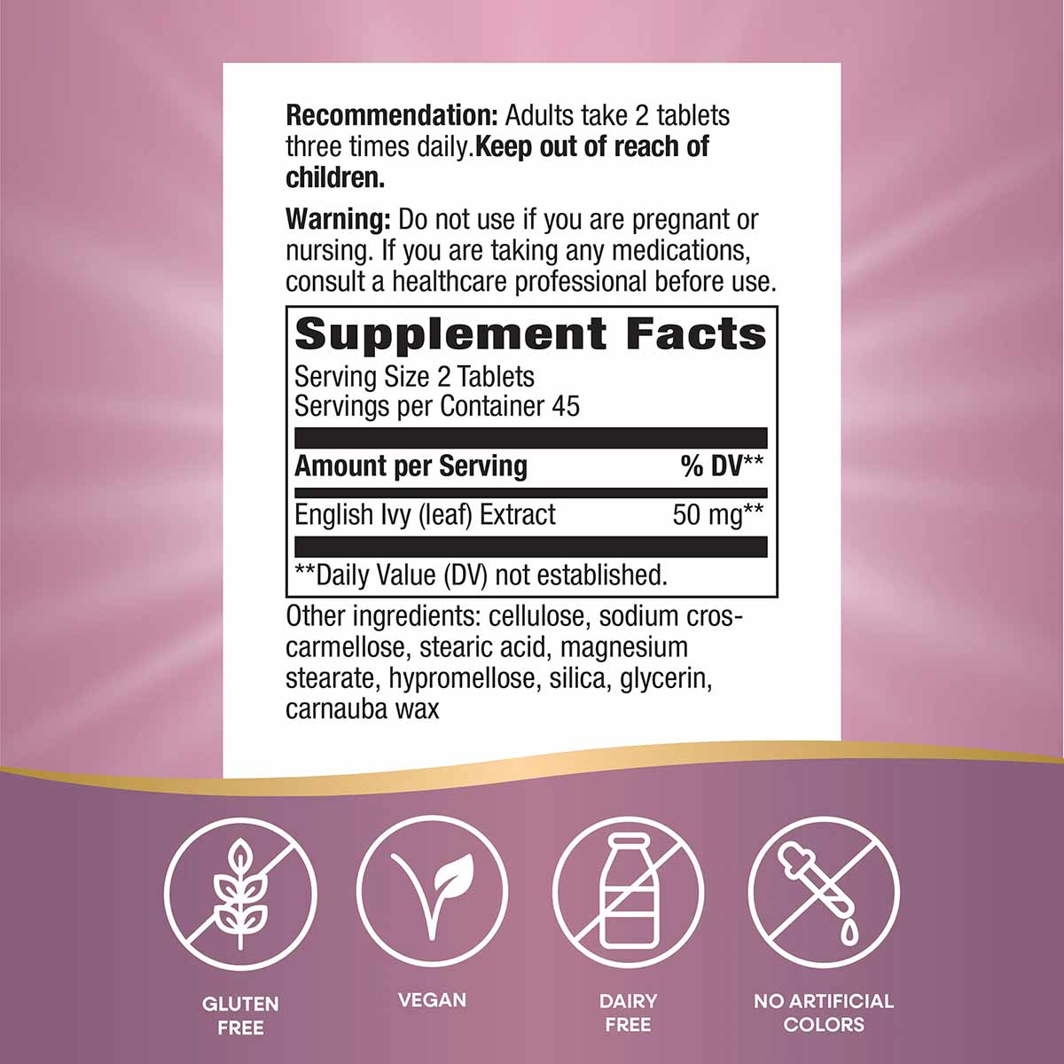 Back label of Ivy Extract supplement bottle showing dosage, warnings, supplement facts with English ivy extract 50mg per serv