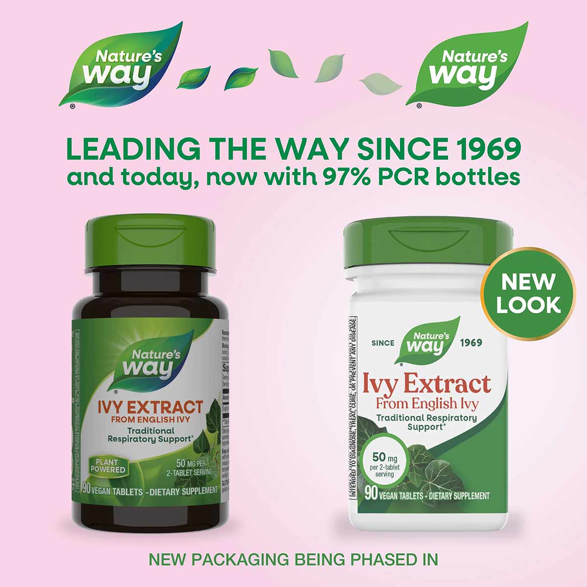 Two bottles of Nature's Way Ivy Extract dietary supplement with green caps on pink background, showing old and new packaging 