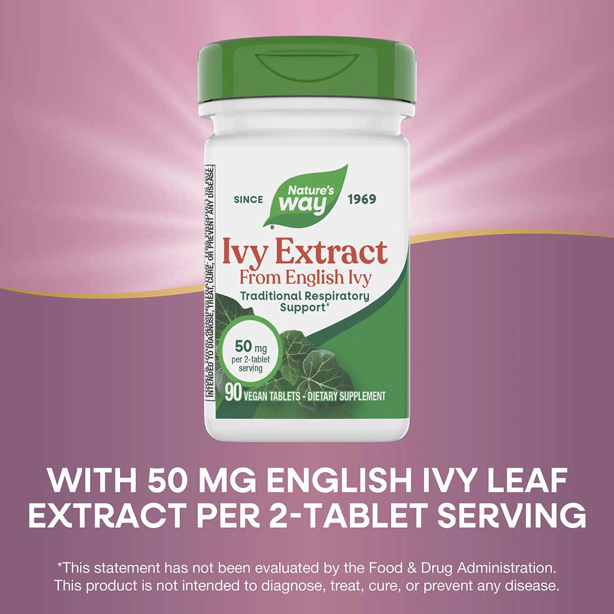 Nature's Way Ivy Extract supplement bottle with green cap containing 90 vegan tablets.