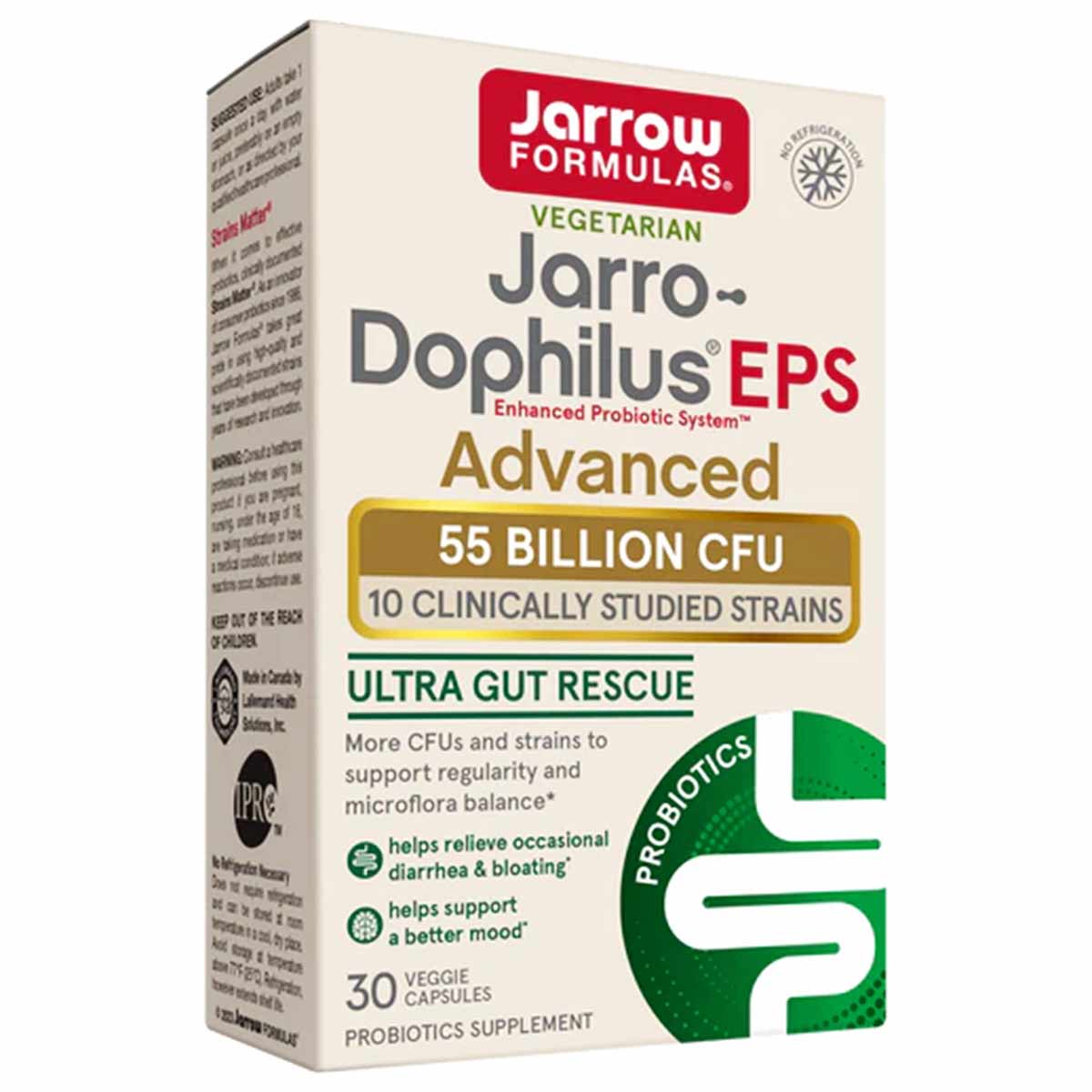 Jarrow Formulas Jarro-Dophilus EPS Advanced probiotic supplement box with 55 billion CFU and 30 veggie capsules.