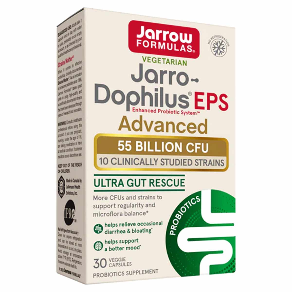 Cream and red Jarrow Formulas box for Jarro-Dophilus EPS Advanced probiotic supplement with 30 veggie capsules.