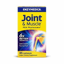 Enzymedica Joint & Muscle PEA Phytosome supplement bottle with blue and yellow label, 45 capsules.