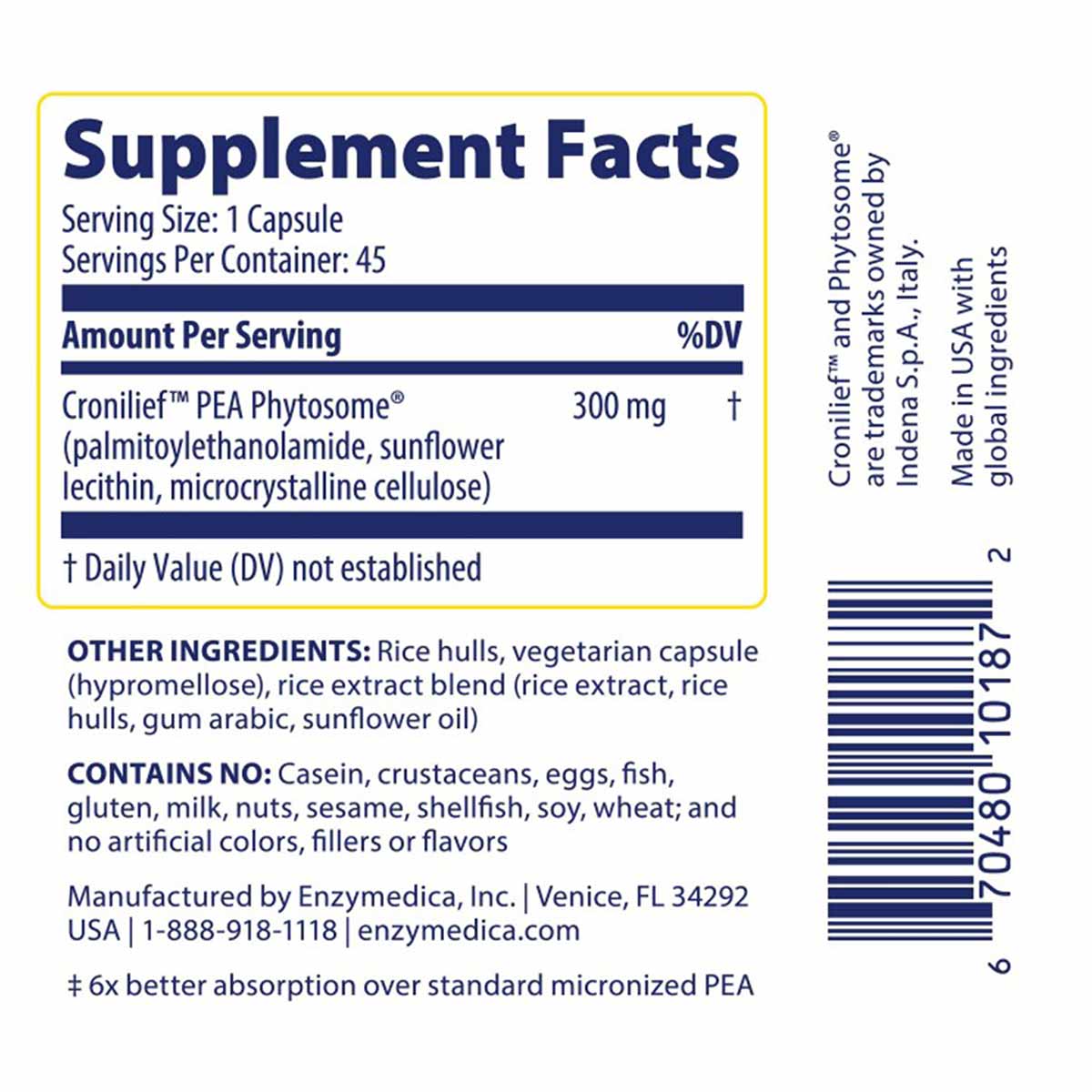 Supplement Facts label for Enzymedica Joint & Muscle PEA Phytosome with ingredient list and barcode.