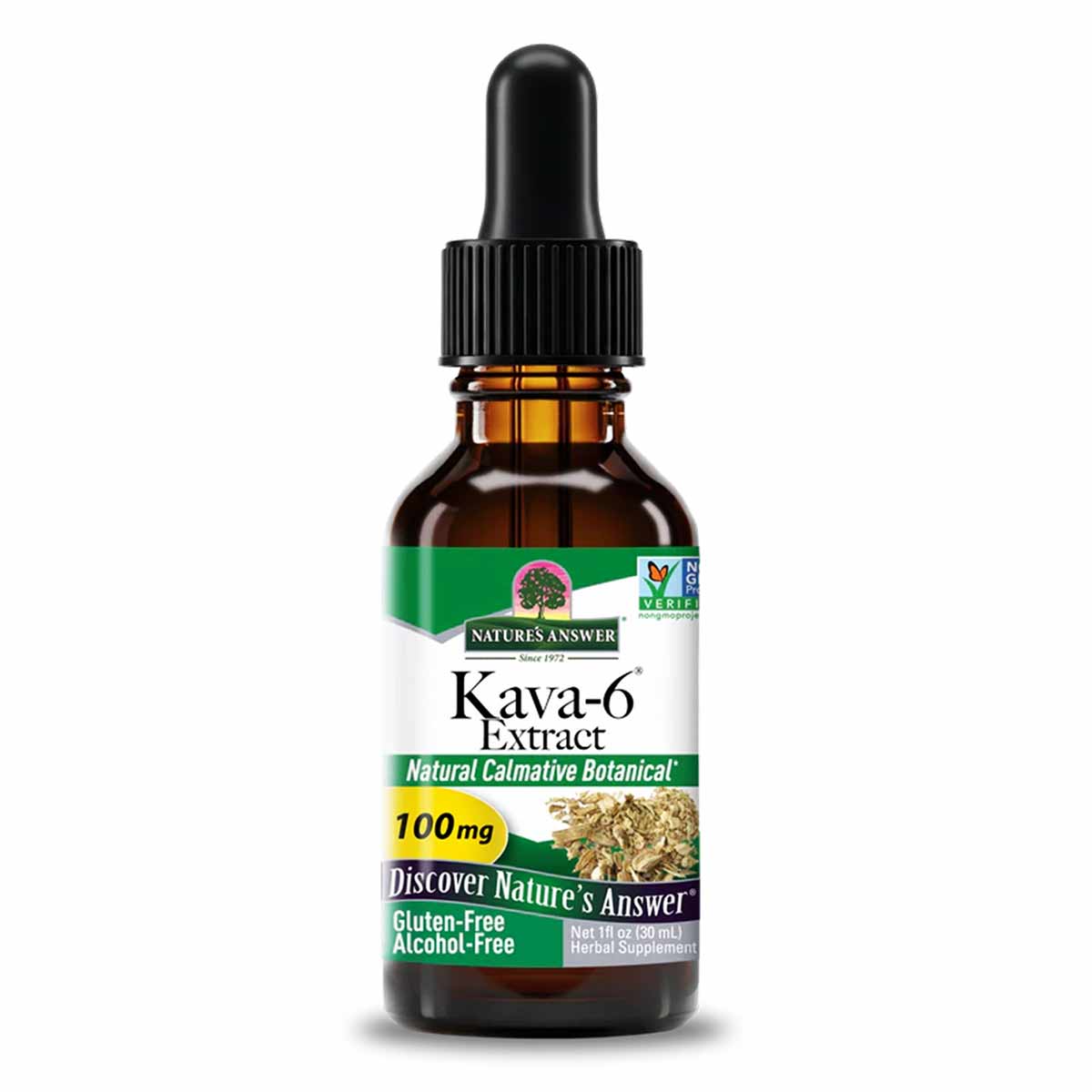 Brown glass dropper bottle of Kava-6 Extract by Nature's Answer with black cap and green and white label.