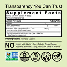 Supplement Facts label showing Kava-6 extract with 100mg kava root per serving, listing ingredients and certifications includ