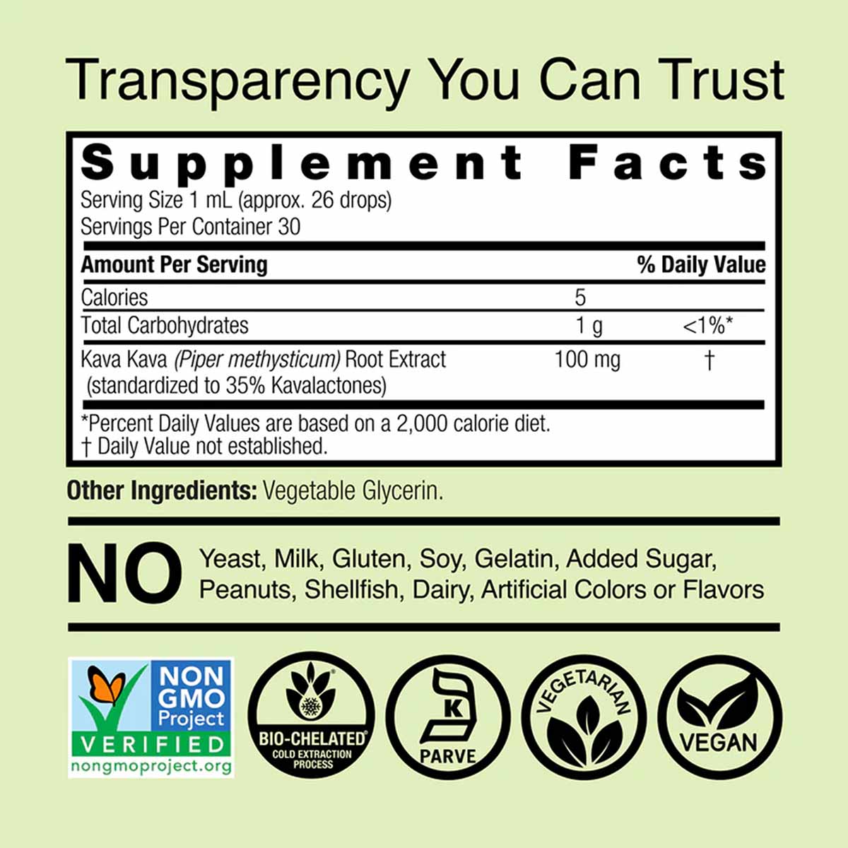 Supplement Facts label showing Kava-6 extract with 100mg kava root per serving, listing ingredients and certifications includ