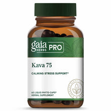 Gaia Herbs Pro Kava 75 bottle with green cap containing 60 dark liquid phyto-caps.