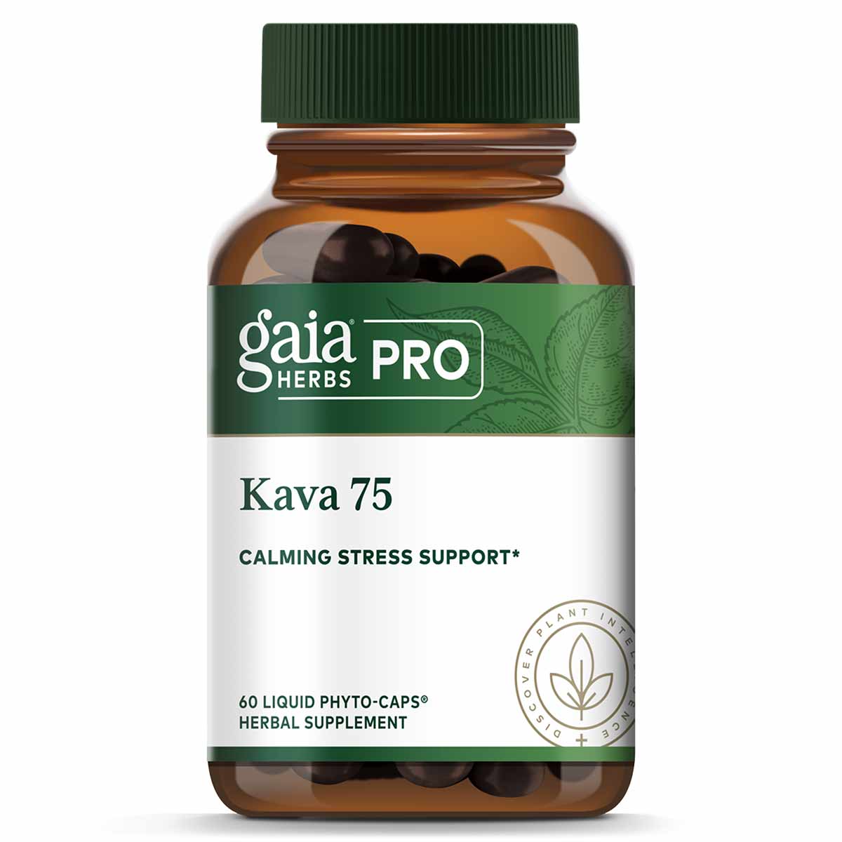 Gaia Herbs Pro Kava 75 bottle with green cap containing 60 dark liquid phyto-caps.
