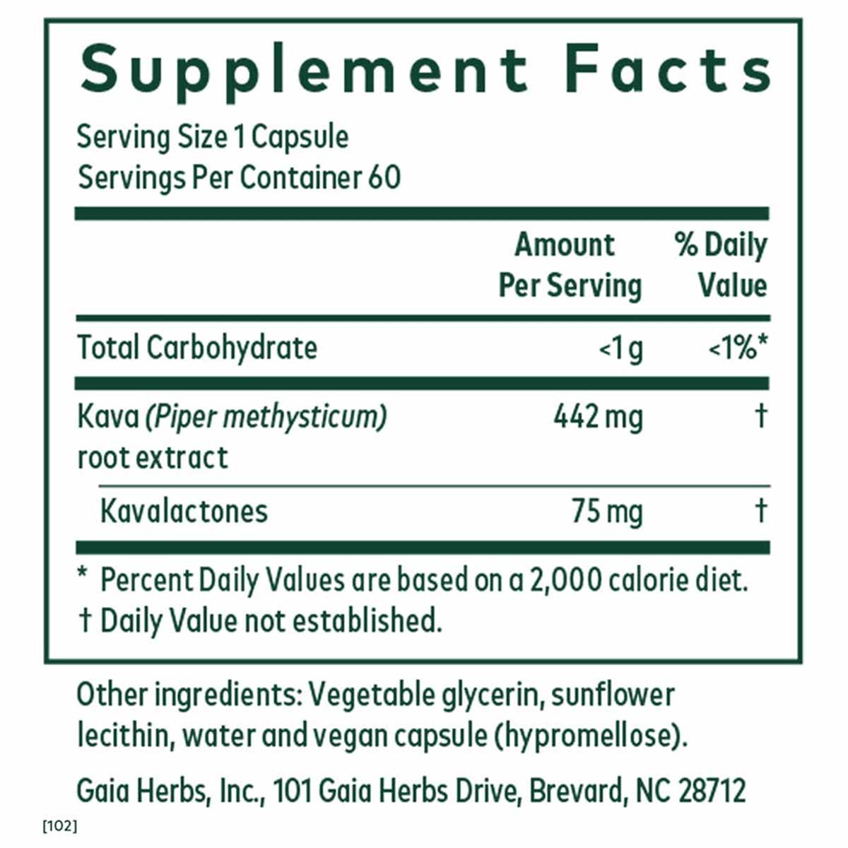 Supplement Facts label for Kava 75 showing serving size, kavalactones content, and ingredient information.
