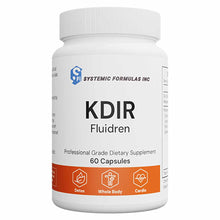 White bottle labeled KDIR Fluidren by Systemic Formulas containing 60 capsules with orange band and product information.