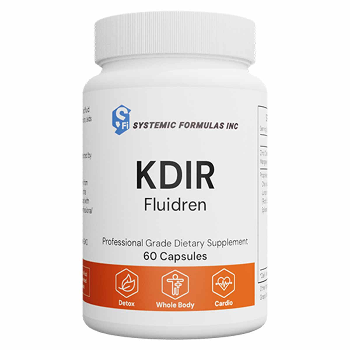 White bottle labeled KDIR Fluidren by Systemic Formulas containing 60 capsules with orange band and product information.